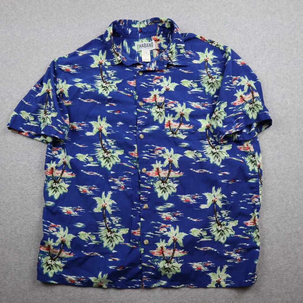 Haband Shirt Mens Large 1B1 Blue Palm Tree Hawaiian Short Sleeve Button Down